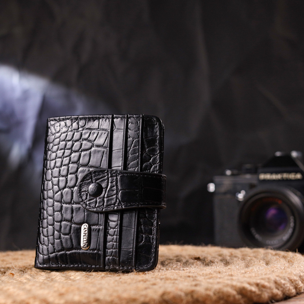 Компактный кошелек из натуральной кожи с тиснением под крокодила CANPELLINI 21684 Черный Киев - изображение 6