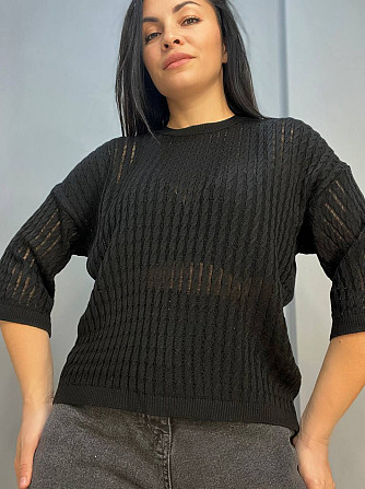Джемпер женский KARON 10646 полупрозрачный реглан ажурная вязка косичка короткий рукав one size, чер Одесса - изображение 6