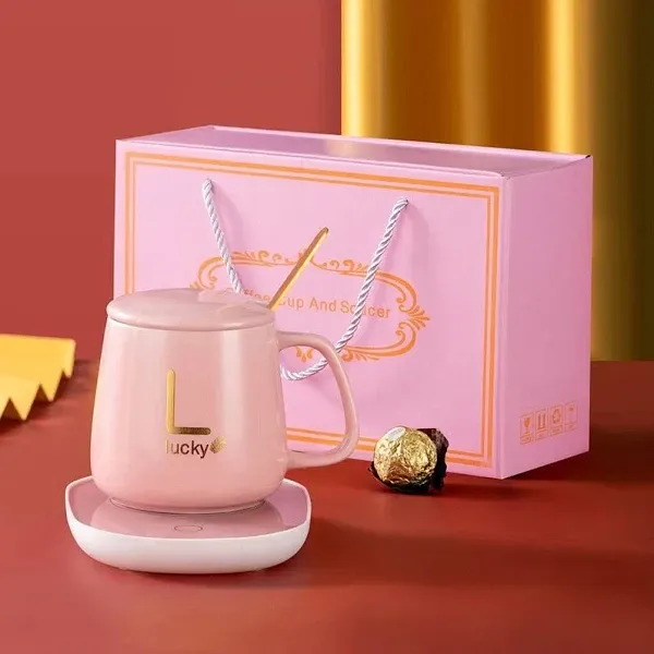 Чашка керамічна на підставці з підігрівом у подарунковій упаковці, в комплекті ложка та кабель, Рожева Одеса - фото 2