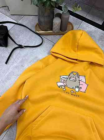 Женское уютное теплое худи оверсайз с милым принтом трехнитка Тедди + трехнитка с начесом пенье Желтый Одесса