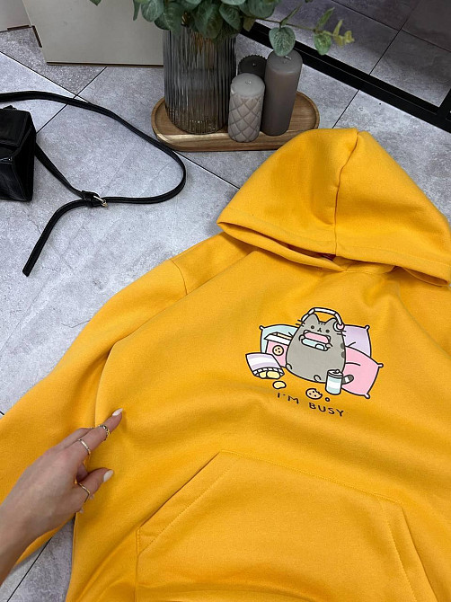 Женское уютное теплое худи оверсайз с милым принтом трехнитка Тедди + трехнитка с начесом пенье Желтый Одесса - изображение 3