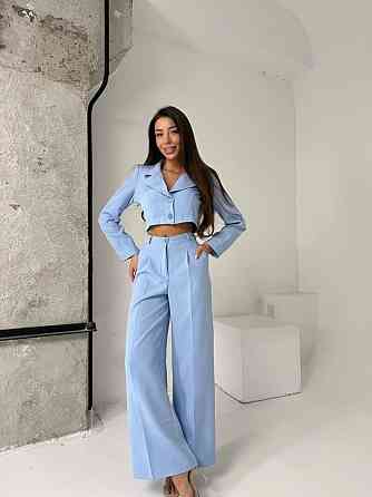 Женский деловой брючный костюм двойка: жакет и брюки костюмка Голубой, 46/48 Одесса
