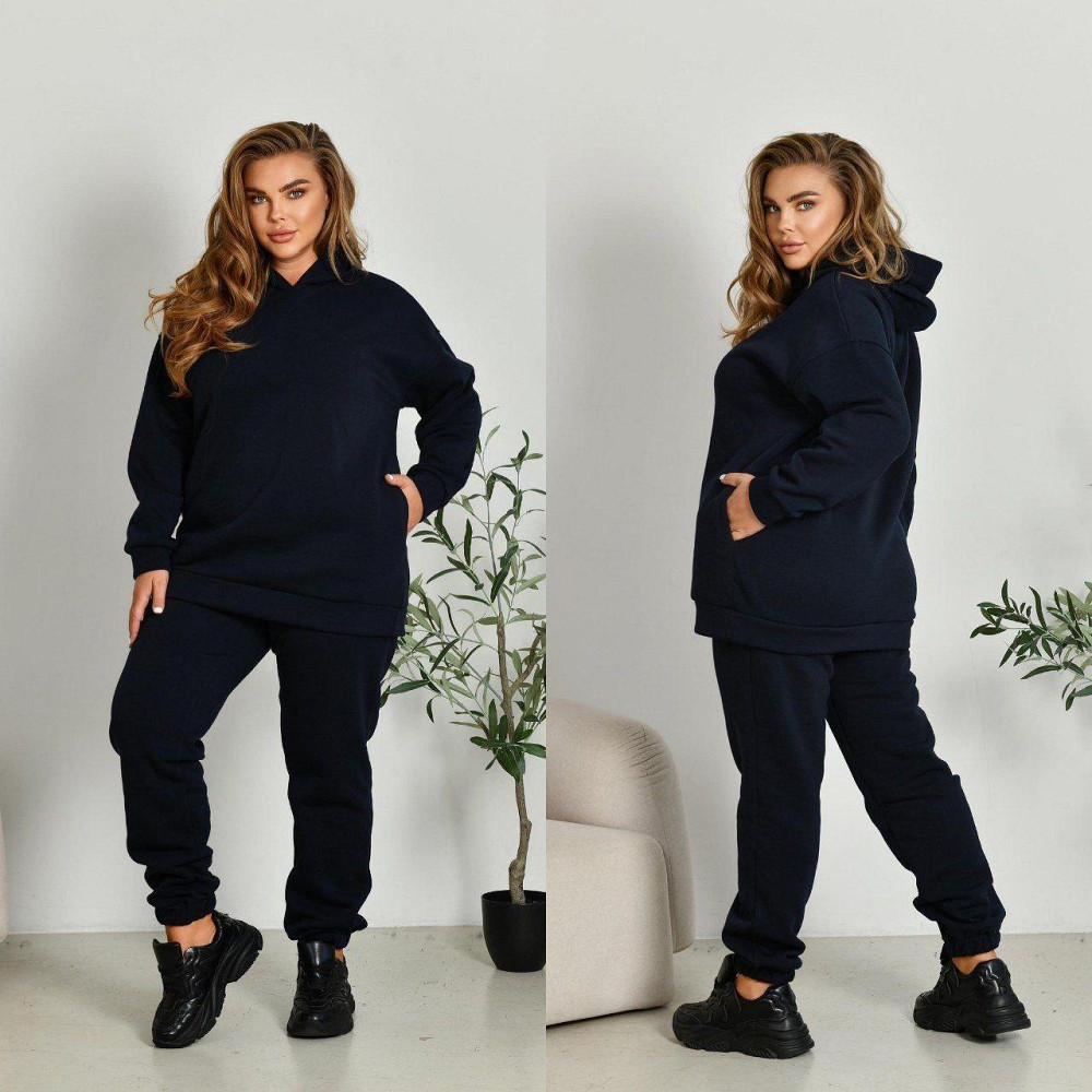 Женский прогулочный костюм: худи и штаны батал в спортивном стиле трехнитка на флисе Синий, 64/66 Одесса - изображение 1