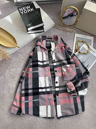 Женская теплая рубашка оверсайз в клетку на пуговицах турецкий флис Розовый Одесса