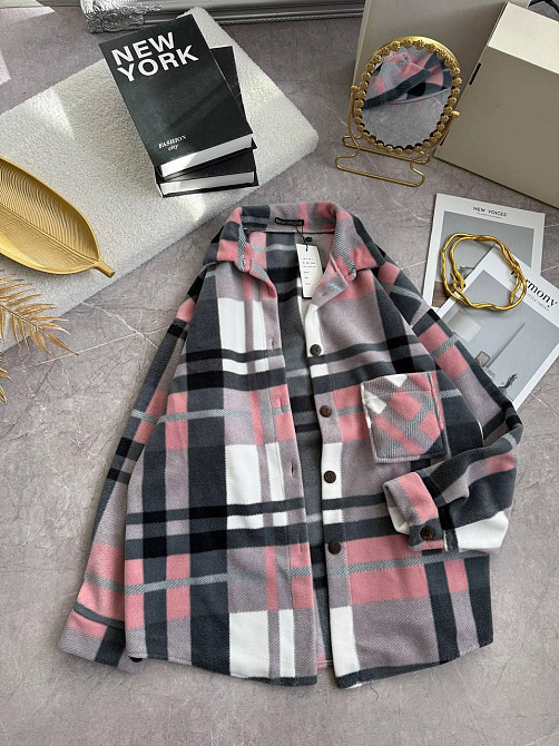 Женская теплая рубашка оверсайз в клетку на пуговицах турецкий флис Розовый Одесса - изображение 1