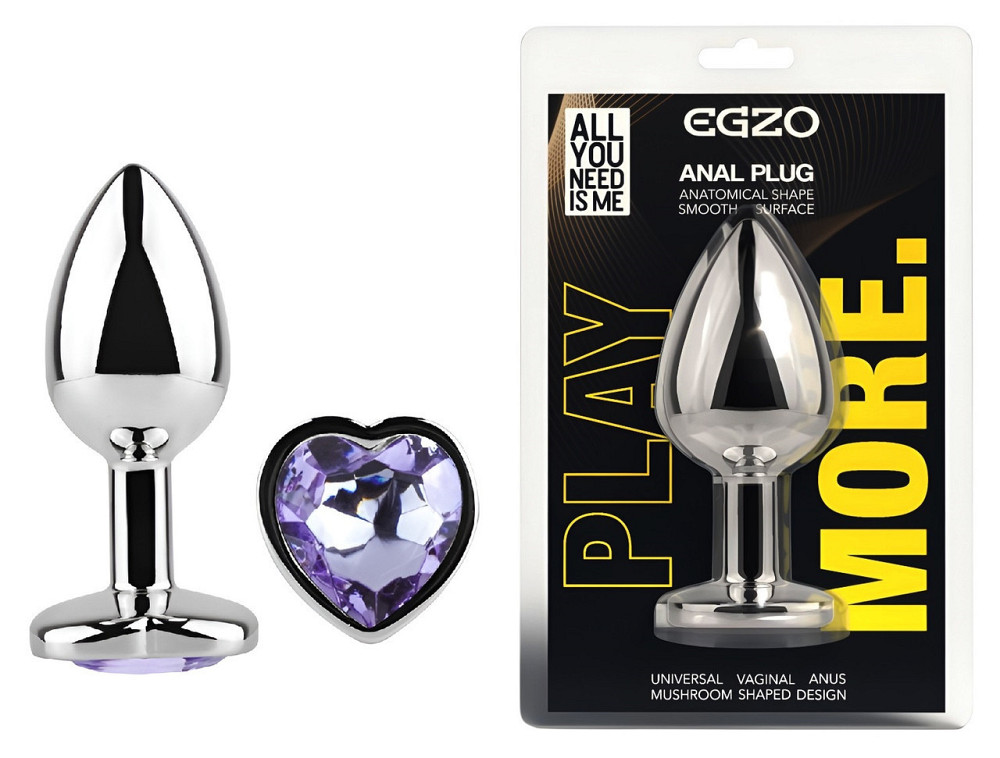 Анальная пробка с кристаллом EGZO - Silver Heart Plug Amethyst size M Sex Aura Киев - изображение 1