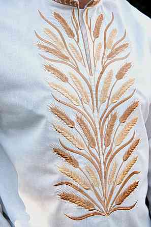 Вышиванка льняная мужская, длинный рукав, молочная, топ Киев