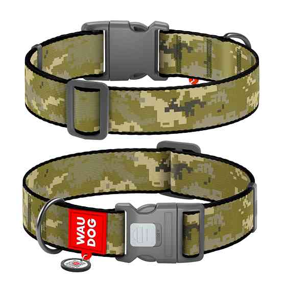 Нашийник для собак нейлоновий WAUDOG Nylon з QR паспортом, малюнок "Мілітарі", пластиковий фаст Коломыя