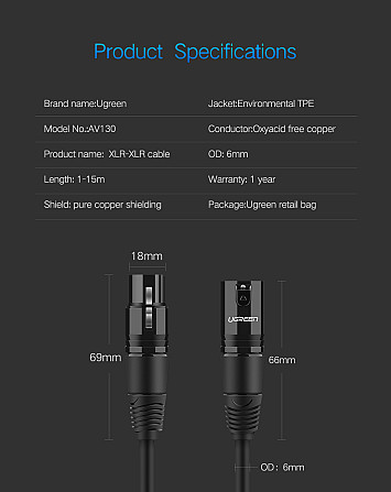 Мікрофонний кабель Ugreen AV130 XLR Male to Female Microphone Cable (Чорний, 2м) Николаев - изображение 10
