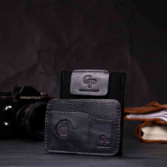 Картхолдер горизонтального типа с держателем для Apple AirTag из натуральной кожи Черный (GRANDE PELLE) Киев