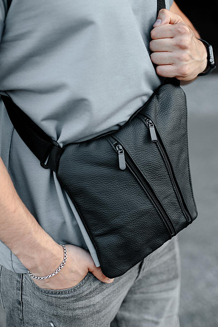 Сумка-слинг из натуральной кожи, сумка через плечо мужская SL026 (Черная) Сумы - изображение 3