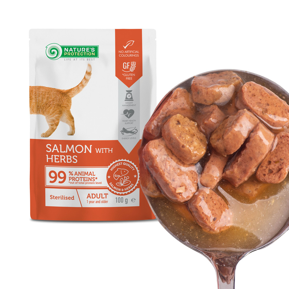 Nature’s Protection Adult cats Sterilised Salmon with Herbs Вологий корм для стерилізованих котів з лососем і травами, 100 г Київ - фото 8