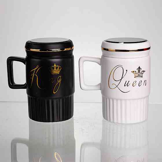 Набор парных фарфоровых чашек с крышкой 2 (шт) по 450 (мл) Черный с белым Yiwu FM-26 SBR Киев