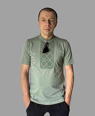 Чоловіча футболка вишиванка оливкова з ніжним зеленим орнаментом 4XL Київ