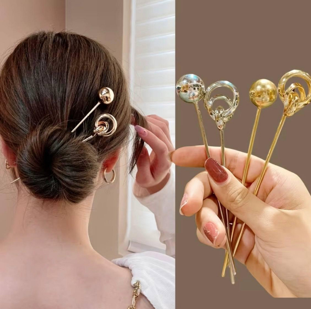 Шпильки для волосся металеві набір 4 шт золотисті срібні палички для пучка Київ - фото 1