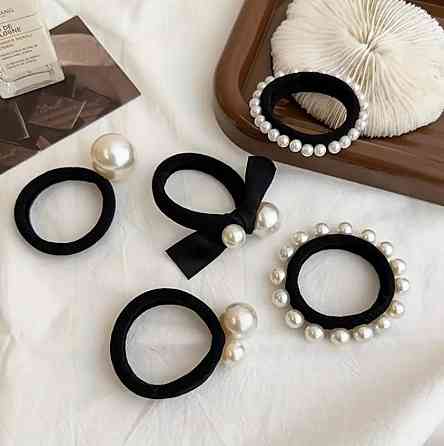 Набор резинок для волос с жемчужинами и бантом – 5 шт, чёрные аксессуары Киев