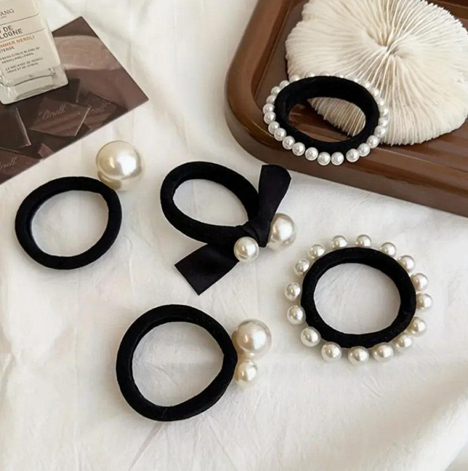 Набор резинок для волос с жемчужинами и бантом – 5 шт, чёрные аксессуары Киев - изображение 4