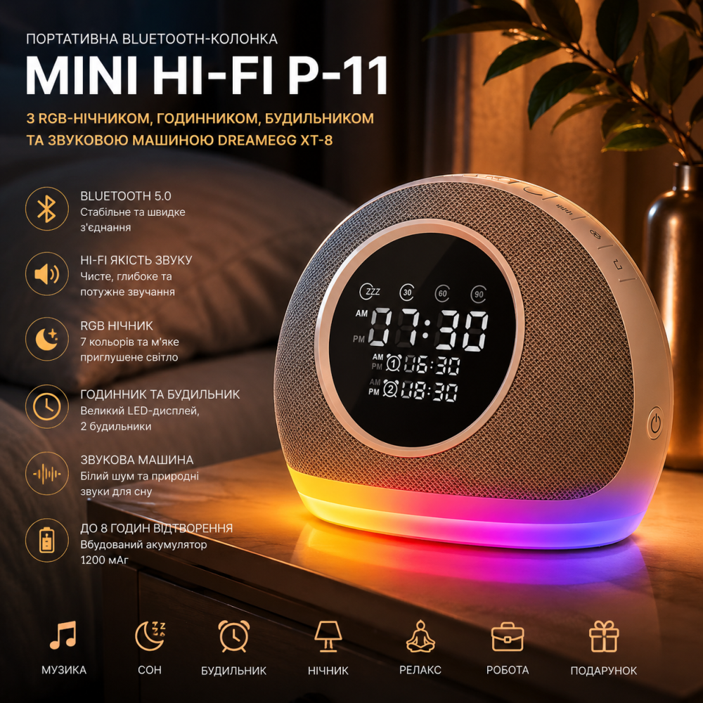 Уцінка Портативна Bluetooth-колонка Mini Hi-Fi P-11 з RGB-нічником, годинником, будильником та звуковою машиною Dreamegg XT-8 Київ - фото 8