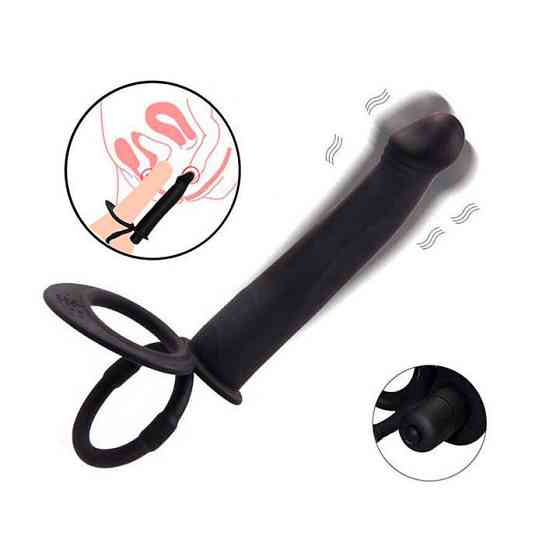 Ерекційне кільце з вібрацією і фалоімітатором для подвійного проникнення - Чорний - Анальні іграшки Вінниця