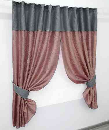 Кухонные шторы VR-Textil № 073к с ламбрекеном и подхватами розово-золотистый с серым 275х170 см (52-0370) Киев