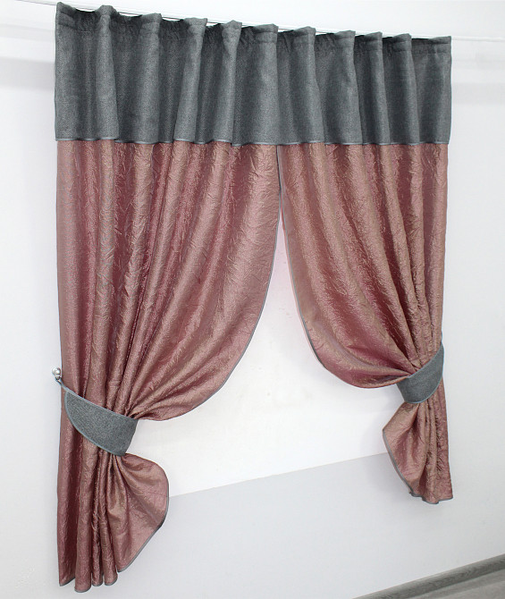 Кухонные шторы VR-Textil № 073к с ламбрекеном и подхватами розово-золотистый с серым 275х170 см (52-0370) Киев - изображение 2