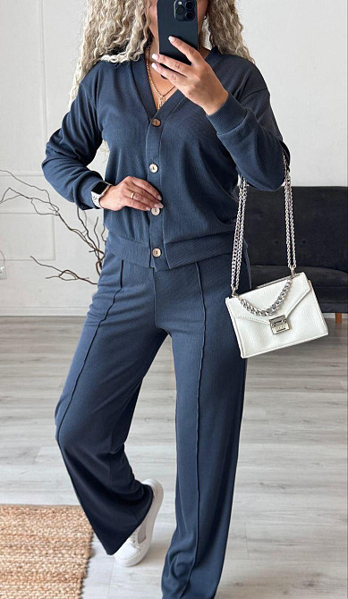 Жіночий стильний повсякденний костюм-двійка: кардиган на ґудзиках + штани трикотажний рубчик Графіт, 52/54 Одеса - фото 4