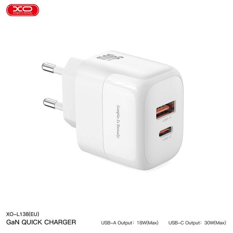 Мережевий зарядний пристрій XO L138 PD30W/QC18W 1USB-A+1USB-C + Type-c кабель білий Львів - фото 2