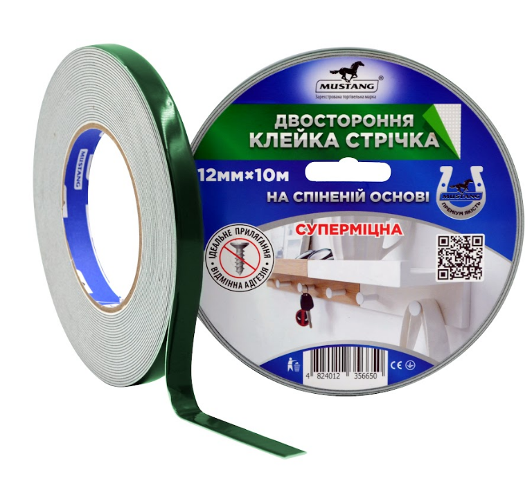 Стрічка двостороння спінена 12мм*10м 110мкм зелений Standart Мустанг Житомир - фото 1
