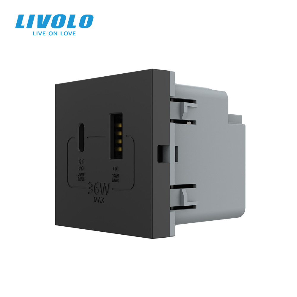 Розетка LIVOLO USB-A + USB-C PD 36Вт, чорна, швидке заряджання, Power Delivery QC 3.0, модуль (VL-FCUA18W.UC18W-2BP) Коломыя - изображение 8