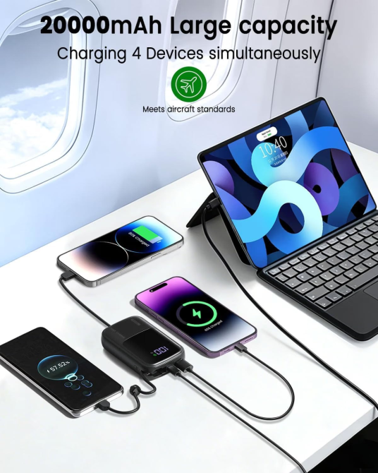Повербанк BYEGUJIN 20000 мАг 22,5 Вт, швидка зарядка PD/QC, 2 вбудовані кабелі USB-C/Lightning, LCD-дисплей, чорний Київ - фото 5