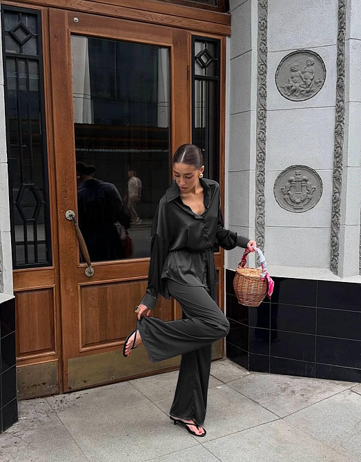 Жіночий легкий брючний костюм-двійка: сорочка та штани із шовку Чорний, 46/48 Одеса - фото 1