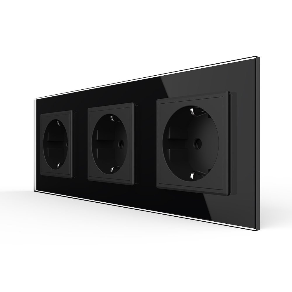 Потрійна електрична розетка з заземленням LIVOLO, чорна, скляна рамка, шторки, 250В 16А (VL-C7C3EU-12) Коломыя - изображение 3