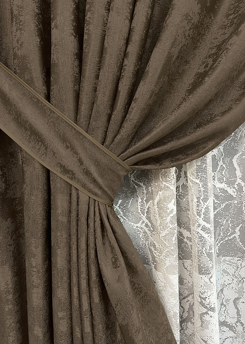 Комплект штор VR-Textil Жаккард Мрамор 100х270 2шт и Тюль 300х270 1203ш-1668т Коричневый с белым 71-119/1 Киев - изображение 4