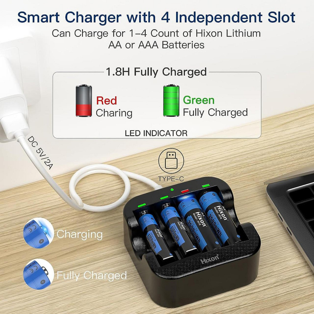 Зарядний пристрій Hixon Q022 для Li-ion акумуляторів AA/AAA 1.5V, 4 слоти, 500 мА, USB Type-C Київ - фото 18