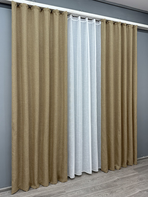 Комплект штор VR-Textil Льон Мішковина 150х270 2шт і Тюль 400х270 673ш-115т Капучино з білим 71-035/3 Київ - фото 3