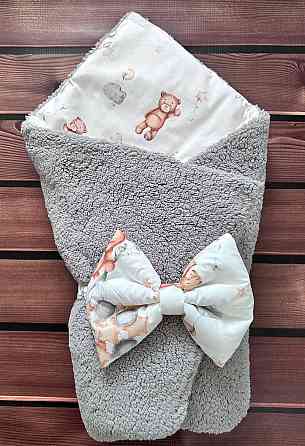 Зимовий стильний конверт - плед «Тедді Ведмедик» для малюка з бантиком 100х80 см BST Сірий з принтом Кривий Ріг