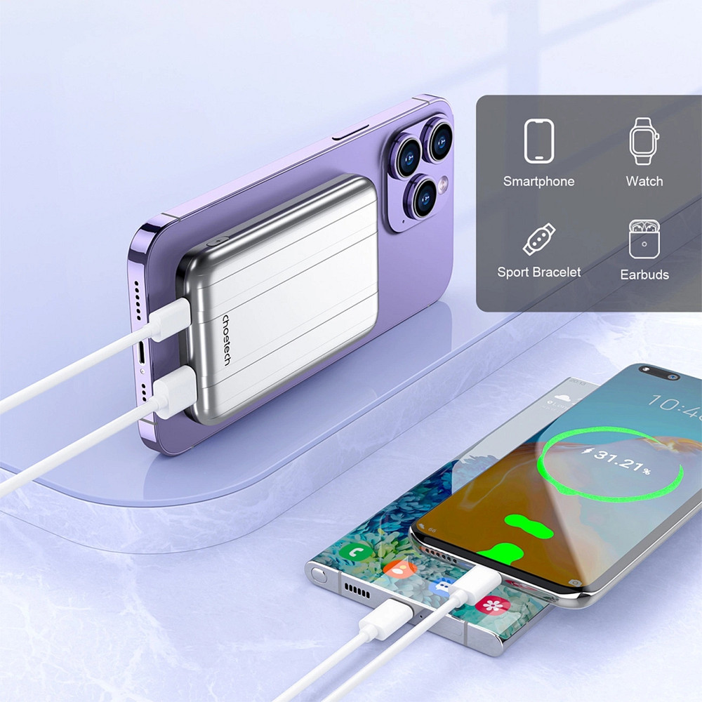 УМБ Choetech Magnetic Wireless 5000mAh 10W, USB-A,USB-C In/Out B655 mini silver Вінниця - фото 4