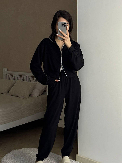 Женский прогулочный костюм двойка: кофта и штаны турецкая двунитка Черный, 46/48 Одесса - изображение 1