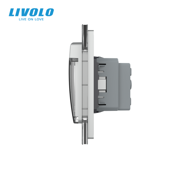 Сенсорний вимикач + розетка вологозахисна з кришкою IP44, з заземленням, сіра скляна рамка, шторки, LIVOLO (VL-C701/C7C1EUWF-15) Коломыя