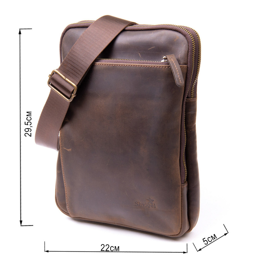 Оригинальная сумка с накладным карманом на молнии в матовой коже 11280 SHVIGEL, Коричневая Киев - изображение 3