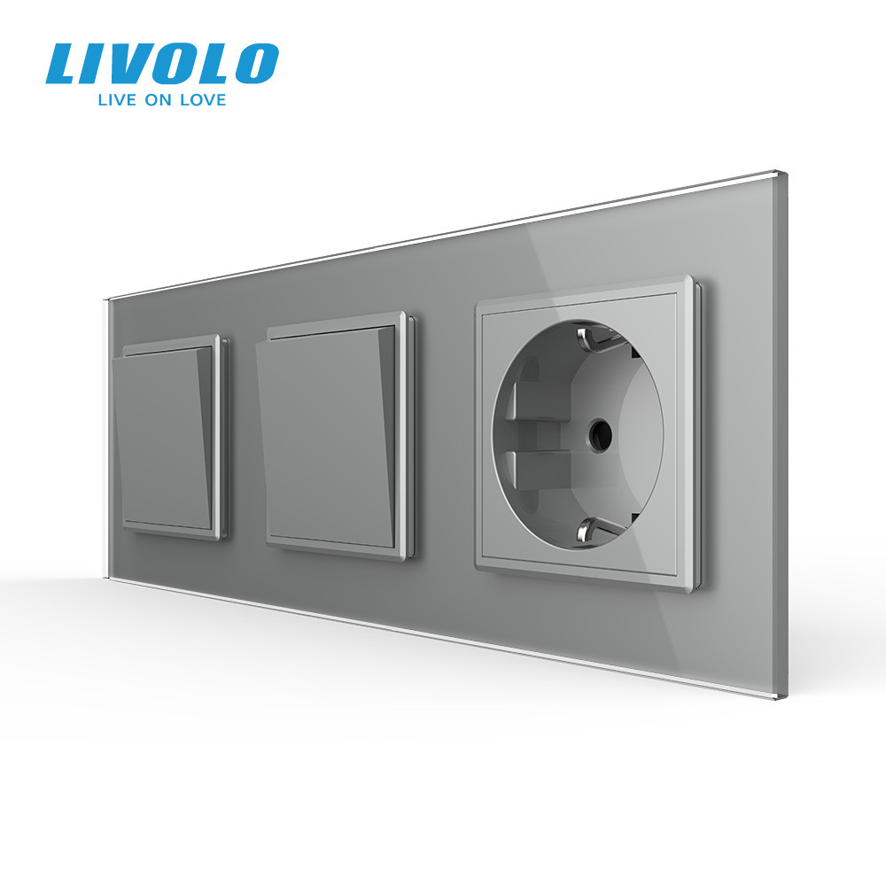 LIVOLO Двоклавішний вимикач (1-1) з розеткою Livolo сірий скло (VL-C7K1/K1/FCTC16A-6IP) Коломия - фото 1