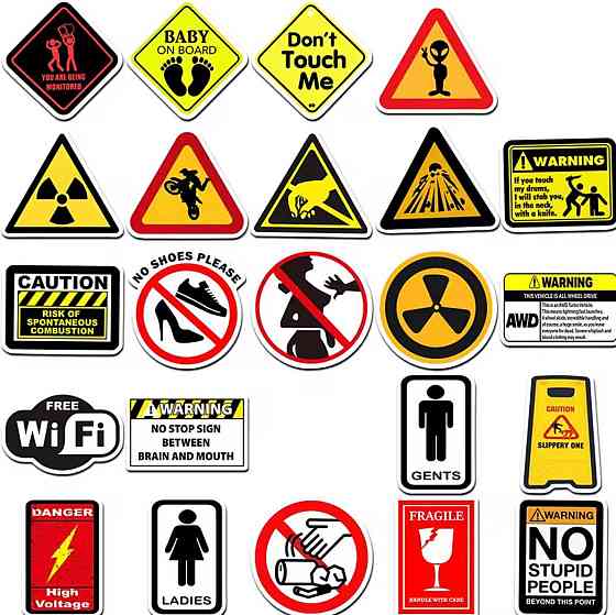 Наклейки предупреждающие знаки 50 шт — набор стикеров WARNING, CAUTION, DANGER ~5 см, ПВХ для ноутбука, авто, шлема Киев