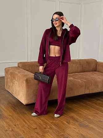 Женский повседневный костюм тройка: кофта, топ и брюки велюр Одесса