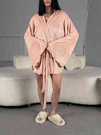 Женский домашний велюровый мини халат плюш велюр Персик, Oversize 42/46 Одесса