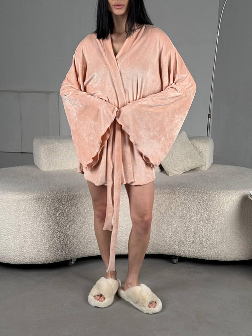Женский домашний велюровый мини халат плюш велюр Персик, Oversize 42/46 Одесса - изображение 6