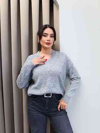 Жіночий светр оверсайз крою з камінчиками машинне в'язання Сірий Одеса