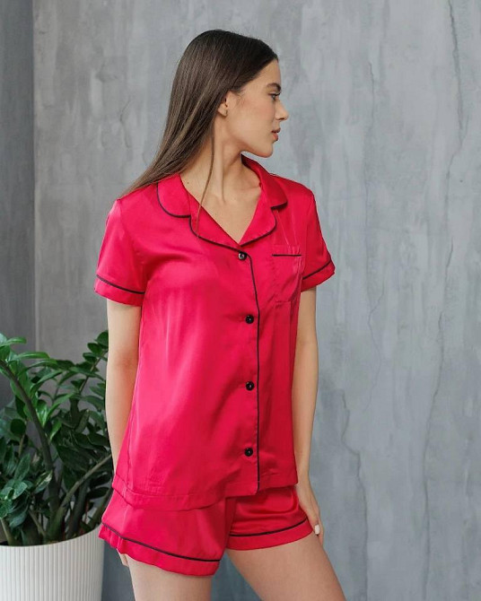 Коплект жіночій шовковий сорочка з шортами Малиновий ч/к XL Харків - фото 2