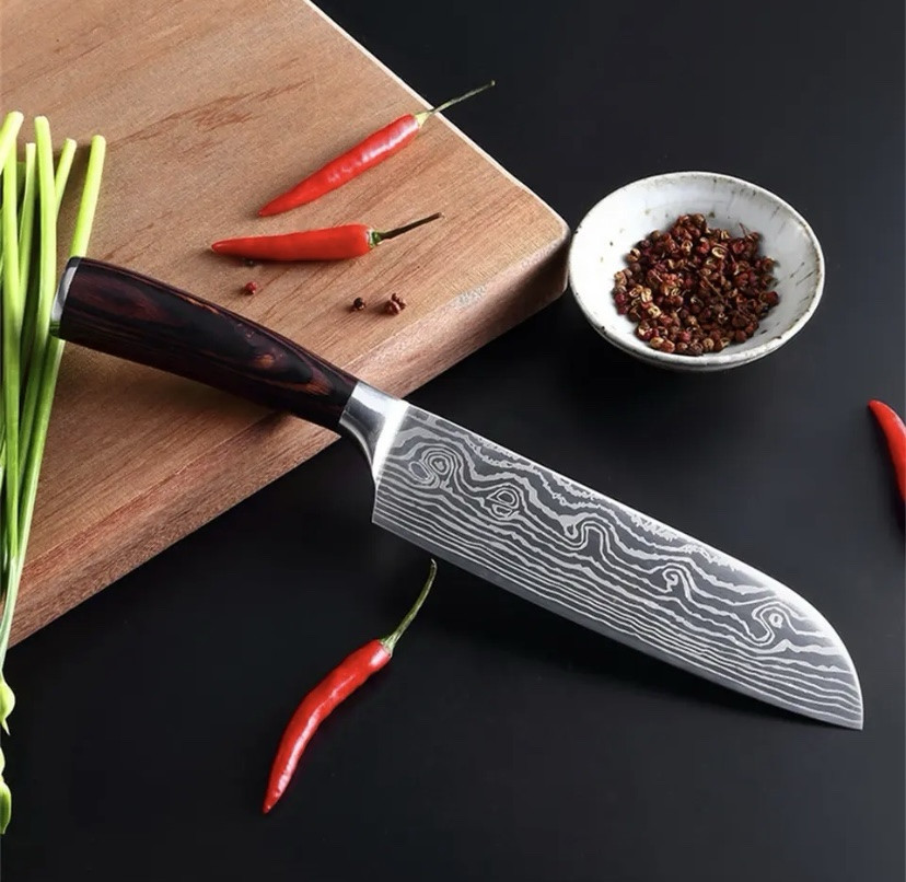 Кухонный нож Santoku для дома, нож для кемпинга и природы, 27,8 см, углеродистая сталь, коричневый Киев - изображение 1
