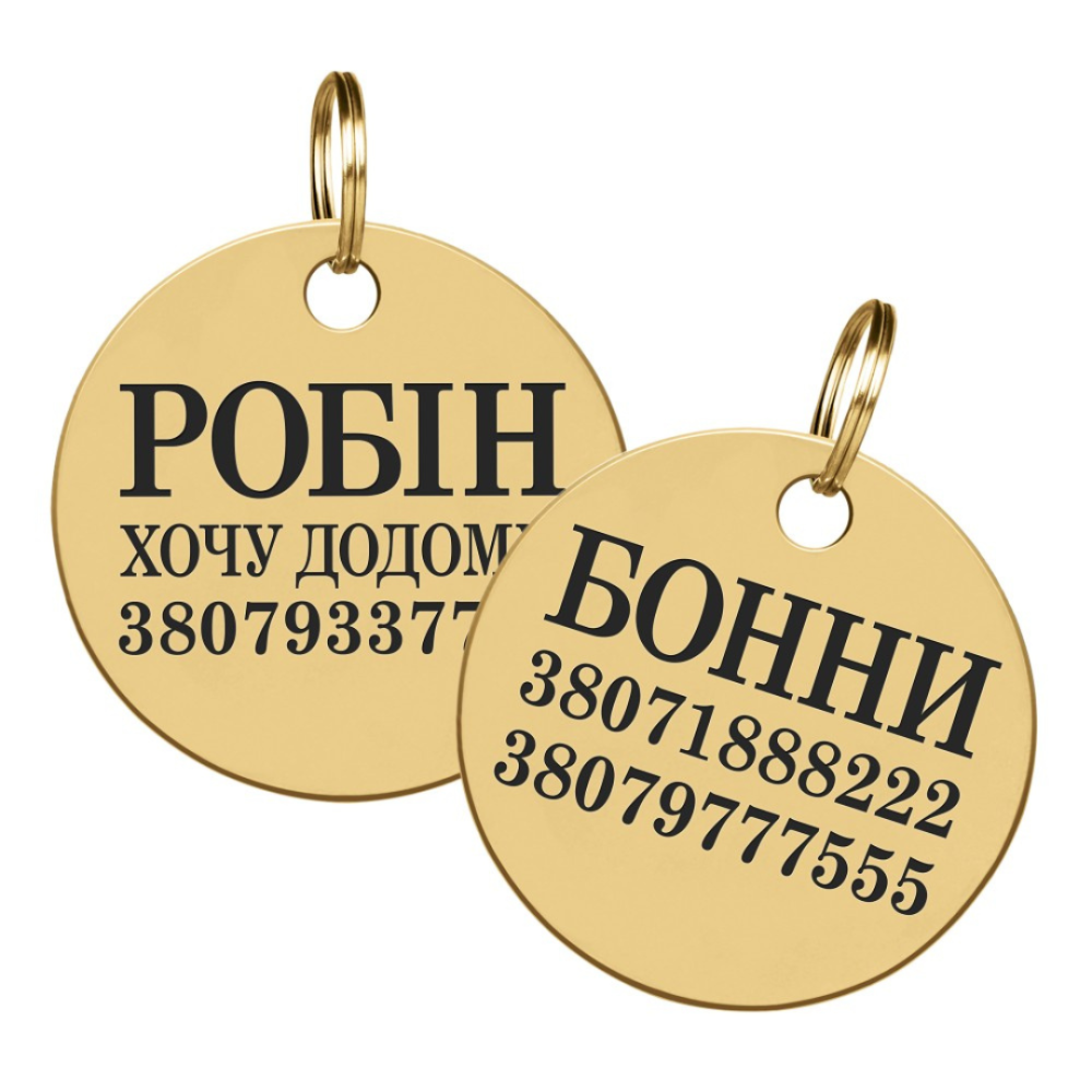 Медальон адресник для собак с лазерной гравировкой из из латуни с позолотой, круглый жетон именной L Одесса - изображение 1