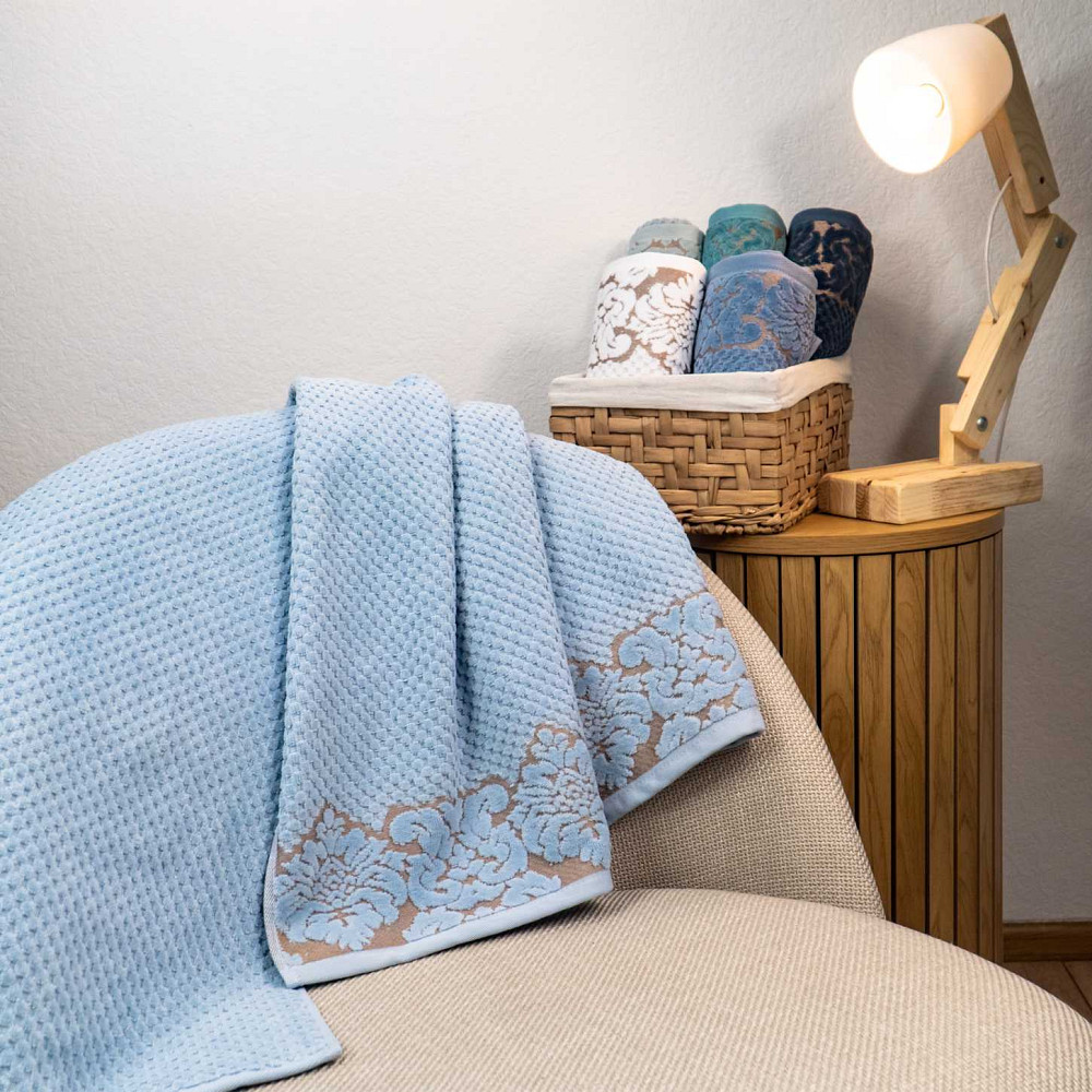 Набор махровых полотенец 3шт 50x90см, 50x90см, 70x140см Damask Премиум качества Жаккардовое с велюром 550г/м2 (Светло-Синий) Сумы - изображение 4